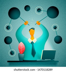 The concept of a human scientist connecting artificial neurons connected to a neural network. Machine learning, computational neurology, research. Vector illustration.