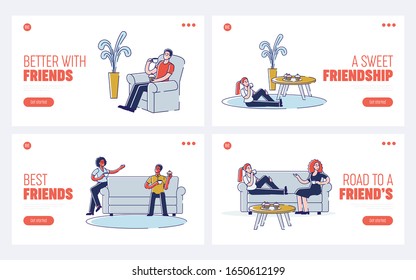 Concept Of Human Spending Time At Home Environment With Hot Drinks And Sweets. Website Landing Page. Set Of Web Pages Cartoon Outline Linear Flat Vector illustrations.