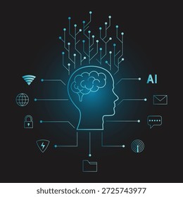 Concepto de Humanoide, Robótica, Inteligente Artificial, y Placa de circuito sobre fondo negro. tecnología de comunicación y concepto digital. signo y símbolos Ilustración vectorial. Desarrollo de la industria y estilo futurista
