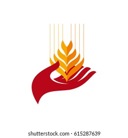 Concept of hunger in the world. Help and volunteering. Vector hand and wheat in abstract shape