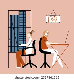 The concept of hybrid work. The trend towards remote professional activity. 
Vector illustration in hand drawn style. 