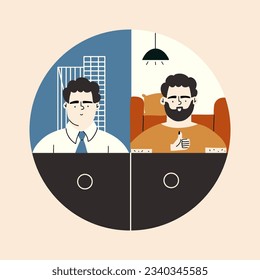 The concept of hybrid work. The trend towards remote professional activity. 
Vector illustration in hand drawn style. 