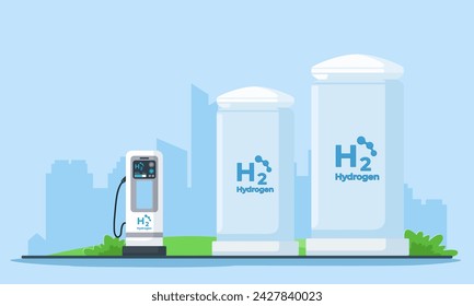 the concept of a hydrogen charging station with a hydrogen gas tank storage flat illustration. Sustainable power plants for a clean earth environment. Hydrogen electric car and h2 fuel