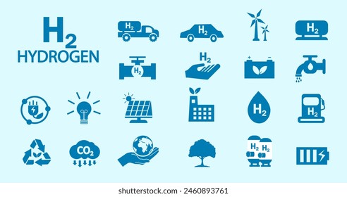 El concepto de hidrógeno o hidrógeno H2 como energía de combustible conduce a la energía renovable en el mundo. con icono azul