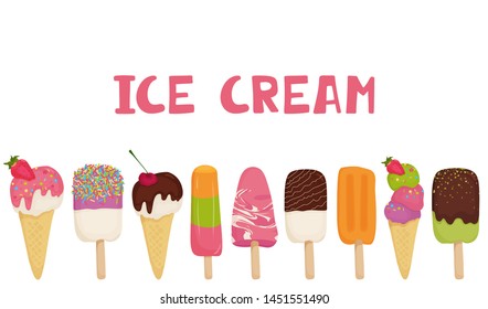 Concept ice cream with chocolate, fruit, nuts, pistachios, strawberries, cherries, kiwi, orange. Illustration in cartoon style on white background for menu, banner, flyer, poster.Vector