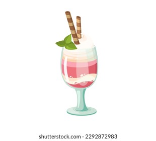 Concept Ice-cream dessert sweet. This illustration features a colorful and vibrant flat vector design of a delicious dessert - ice cream in a glass with a sweet tube. Vector illustration.