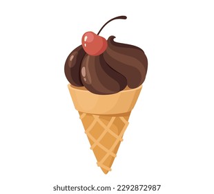 Concept Ice-cream dessert sweet. This illustration is a flat vector design of a chocolate ice cream in a horn, presented as a dessert. Vector illustration.