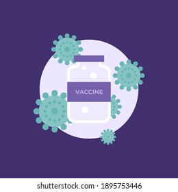 un icono conceptual sobre una vacuna o un antídoto contra el virus. ilustración de un frasco de vidrio o tubo lleno de líquido. símbolo de virus o bacterias. estilo plano. elemento de diseño vectorial