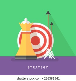 Concept icon for business strategy, mission, analytics with chess queen, target and arrows flat design style