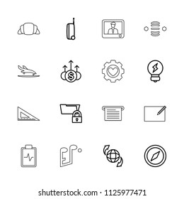 Concept icon. collection of 16 concept outline icons such as compass, qround the globe, folder protection, bulb, money up, suitcase. editable concept icons for web and mobile.