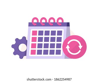 concept icon daily updates, automatic synchronization, refresh schedule. illustration of calendar, recycling symbol, gears. flat style. design elements