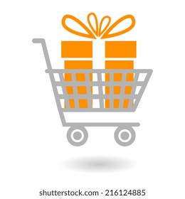 Concept icon. Gift box in shopping cart