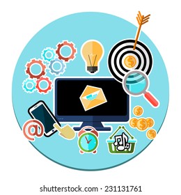 Concept icon of mobile and web services, applications with computer surrounded services pictograms flat design