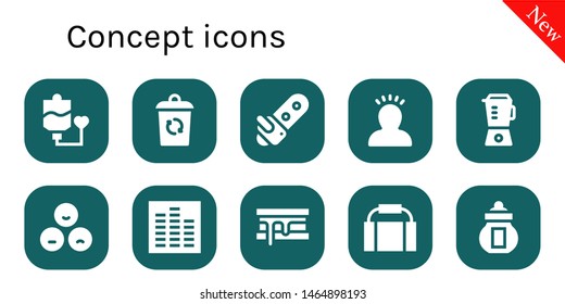 concept icon set. 10 filled concept icons.  Collection Of - Blood transfusion, Container, Chainsaw, Idea, Blender, Rate, Equalizer, Smore, Gym bag, Ossuary