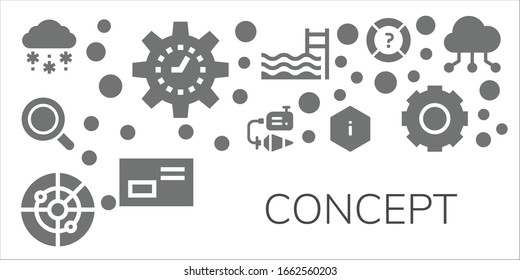 concept icon set. 11 filled concept icons. Included Snow, Management, Magnifying glass, Plumb bob, Radar, Information, Swimming pool, Letter, Help, Gear, Cloud computing icons