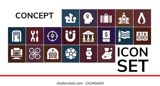 concept icon set. 19 filled concept icons.  Collection Of - Bench press, Public toilet, Calculator, Drone, Garage, Soccer ball, Wristwatch, Flask, Settings, Target, Content, Courthouse