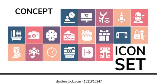 concept icon set. 19 filled concept icons.  Simple modern icons about  - Employee, Cage, Owl, Elephant, Time, Camera, Send, Shorts, Clover, Cake, Fire, Present, Ladder, Press