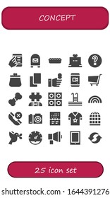 concept icon set. 25 filled concept icons. Included Smartphone, Mailbox, Sand, Laptop, Help, Purse, Cards, Interview, Shopping cart, Bone, Autism, Tablets, Swimming pool icons