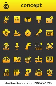 concept icon set. 26 filled concept icons.  Simple modern icons about  - Satellite, Compass, Wishlist, Pool, Paint brush, Anti age, Bandit, Flask, Microphone, Music store, Becquer