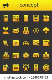concept icon set. 26 filled concept icons.  Simple modern icons such as: Match, Megaphone, Calculator, Smartphone, Matches, Fire, Growing plant, Email, Invitation, Currency exchange
