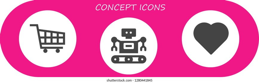  concept icon set. 3 filled concept icons. Simple modern icons about  - Shopping cart, Robot, Heart