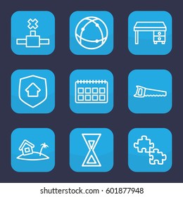 concept icon. Set of 9 outline concept icons such as office desk, saw, atom, home on island, home security, hourglass, network connection, calendar