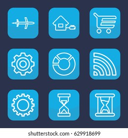 Concept icon. set of 9 outline concept icons such as gear, wi-fi, home, hourglass, plane, shopping cart