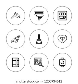 Concept icon set. collection of 9 outline concept icons with clamp, broom, heart, lips, notebook, smartwatch, stamps, switch icons. editable icons.