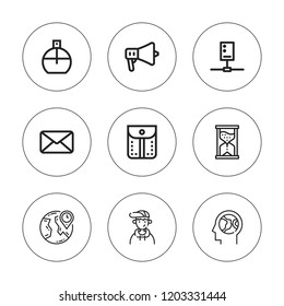 Concept icon set. collection of 9 outline concept icons with boy, circuit, earth, envelope, hourglass, parfume, pocket, planet earth icons. editable icons.