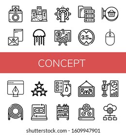 concept icon set. Collection of Instant camera, Invoice, Sand castle, Jellyfish, Leadership, Diagram, Server, Height limit, Signboard, Mouse, Tablet, Hose, Stars, Fintech icons