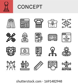 concept icon set. Collection of Pawn, Kimono, Article, Column, Briefcase, Vision, Space station, Corruption, Payment, Digital clock, Search engine, Armour, Bug, Order, Creative icons