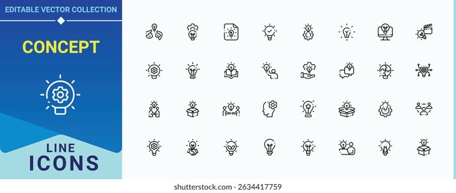 Concept icon set. Contains such icons as innovation, brain, bulb, brainstorm, invention, creativity, light. Idea vector line icon set. Line symbol and sign. Vector collections.