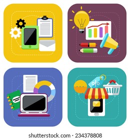 Concept icon set in flat design for internet marketing and ecommerce and online shopping on colorful backgrounds isolated on white