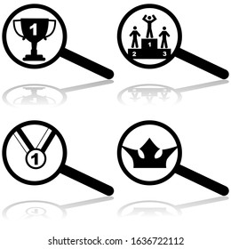 Concept icon set showing a series of magnifying glasses with representations of being the best at its field, representing the top result in search engines