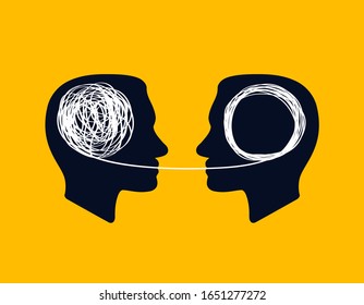 concept icon showing silhouette of human heads with tangled line inside, like brain and untangled line. unraveling of tangled line. metaphor for  mentor or coach in problems business.