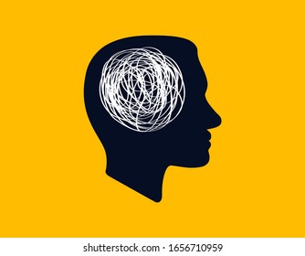 icono conceptual que muestra la silueta de la cabeza humana con una línea enredada dentro, como el cerebro. concepto de proceso de pensamiento caótico, confusión, trastorno de personalidad y depresión.