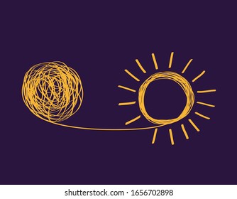 concept icon showing untangling tangled line into sunny creative idea. metaphor for mentor or coach in troubled business. concept of dealing with chaotic thought processes, confusion