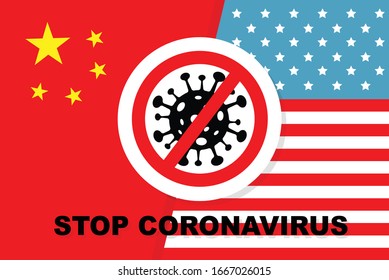 Concept of Icon of Stopping Corona Virus. China and USA flag as a concept of finding a solution to STOP caronavirus. Corona Virus . 2019-nCoV. Corona Virus in Wuhan, China, Global Spread crisis