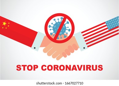 Concept of Icon of Stopping Corona Virus. china and USA shaking hands and finding a solution to STOP caronavirus. Corona Virus . 2019-nCoV. Corona Virus in Wuhan, China, Global Spread crisis