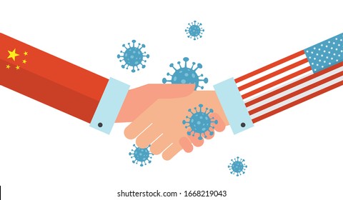 Concept of Icon of Stopping Corona Virus. china and USA shaking hands and finding a solution to STOP caronavirus. Corona Virus . 2019-nCoV. Corona Virus in Wuhan, China, Global Spread crysis