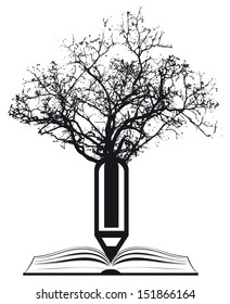 concept icon tree with pencil and book