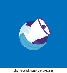 concept icon for warning of a flood or tsunami disaster. big water wave illustration and megaphone. flat style. design elements