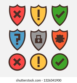 Concept of icons for antivirus programs, shields with safety and danger icons. Color icons for computer programs. Vector graphics.