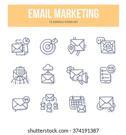 Concept icons of email marketing, ideas & product promotion, modern digital technologies. Themed doodle icons set