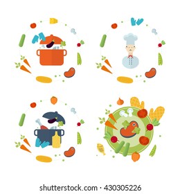 Concept icons for food and restaurant. Icons for cooking, fruits and vegetables, vegetarian food. Chef cooking. Cooking in kitchen