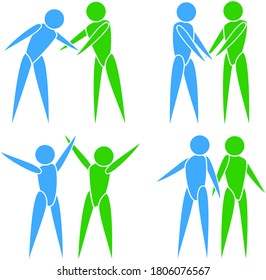 Concept icons of people interactions: help, cooperation, joy, activity. Illustrations of assistance, friendship, emotional contact, collective actions