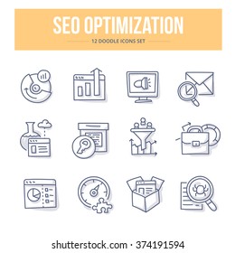 Concept icons of SEO optimization, conversions marketing, web technologies. Themed doodle icons set