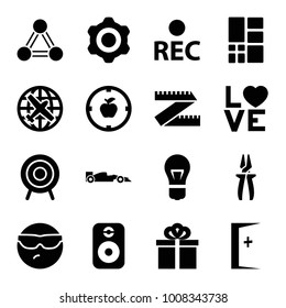 Concept icons. set of 16 editable filled concept icons such as plane, cool emot in sunglasses, measure ruler, love word, apple target, rec, gear, target, gift, grid, speaker