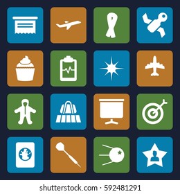 concept icons set. Set of 16 concept filled icons such as luggage belt, baby, ribbon, plane, muffin, heartbeat clipboard, star, board, favourite user, dart, passport, target