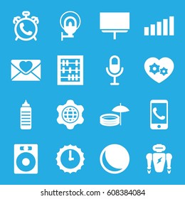 Concept icons set. set of 16 concept filled icons such as alarm, board, gear heart, love letter, microphone, street lamp, signal, globe in gear, inflatable pool and umbrella
